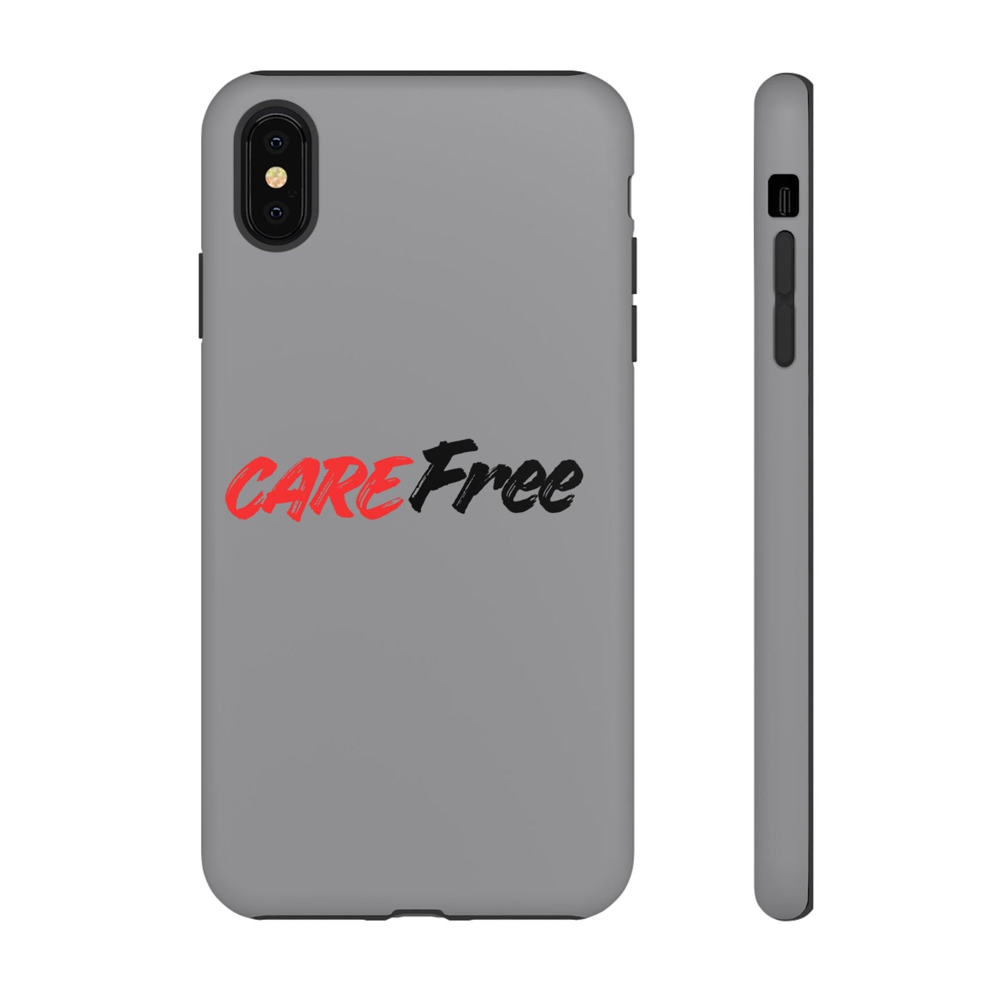 CareFree Tough Phone Case — Slim Protective iPhone Cover with Bold Red & Black Script