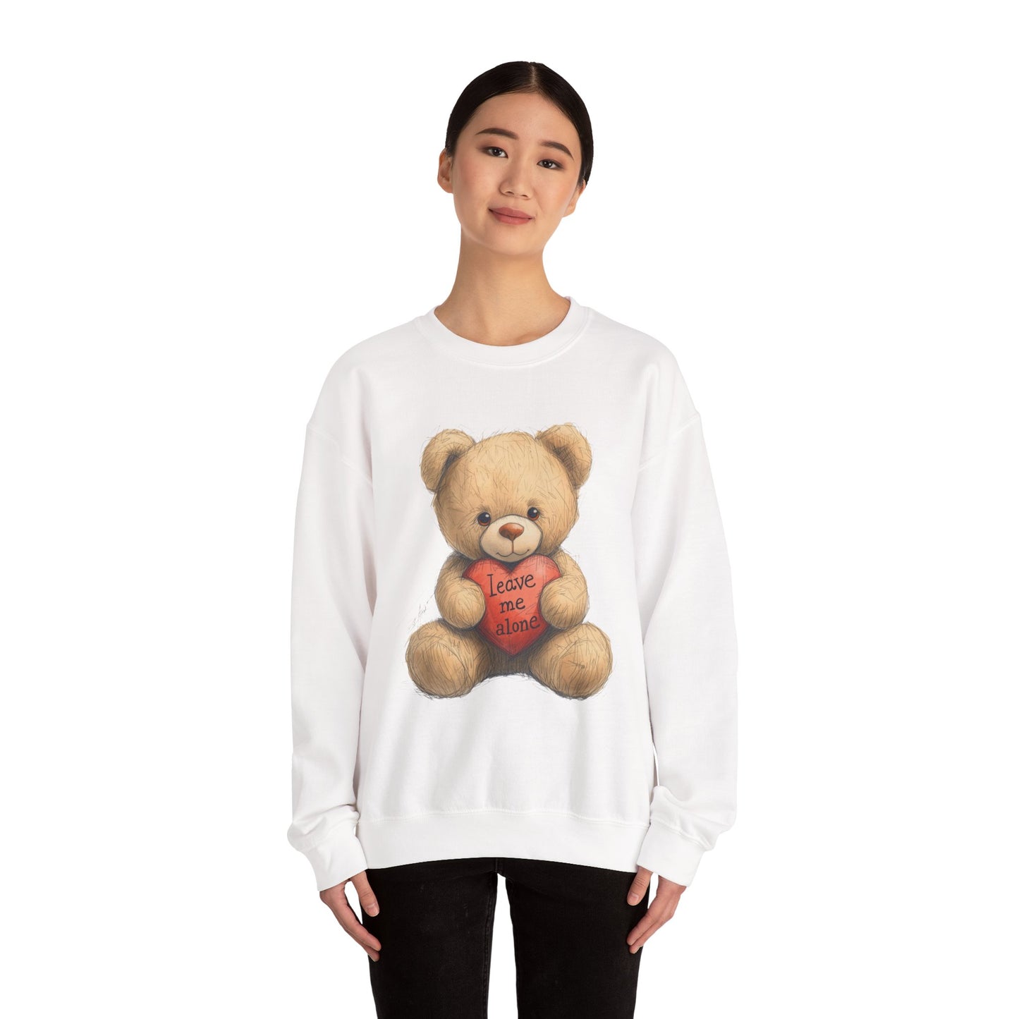 Crewneck Sweatshirt — Retro Teddy Holding 'Leave Me Alone' Heart