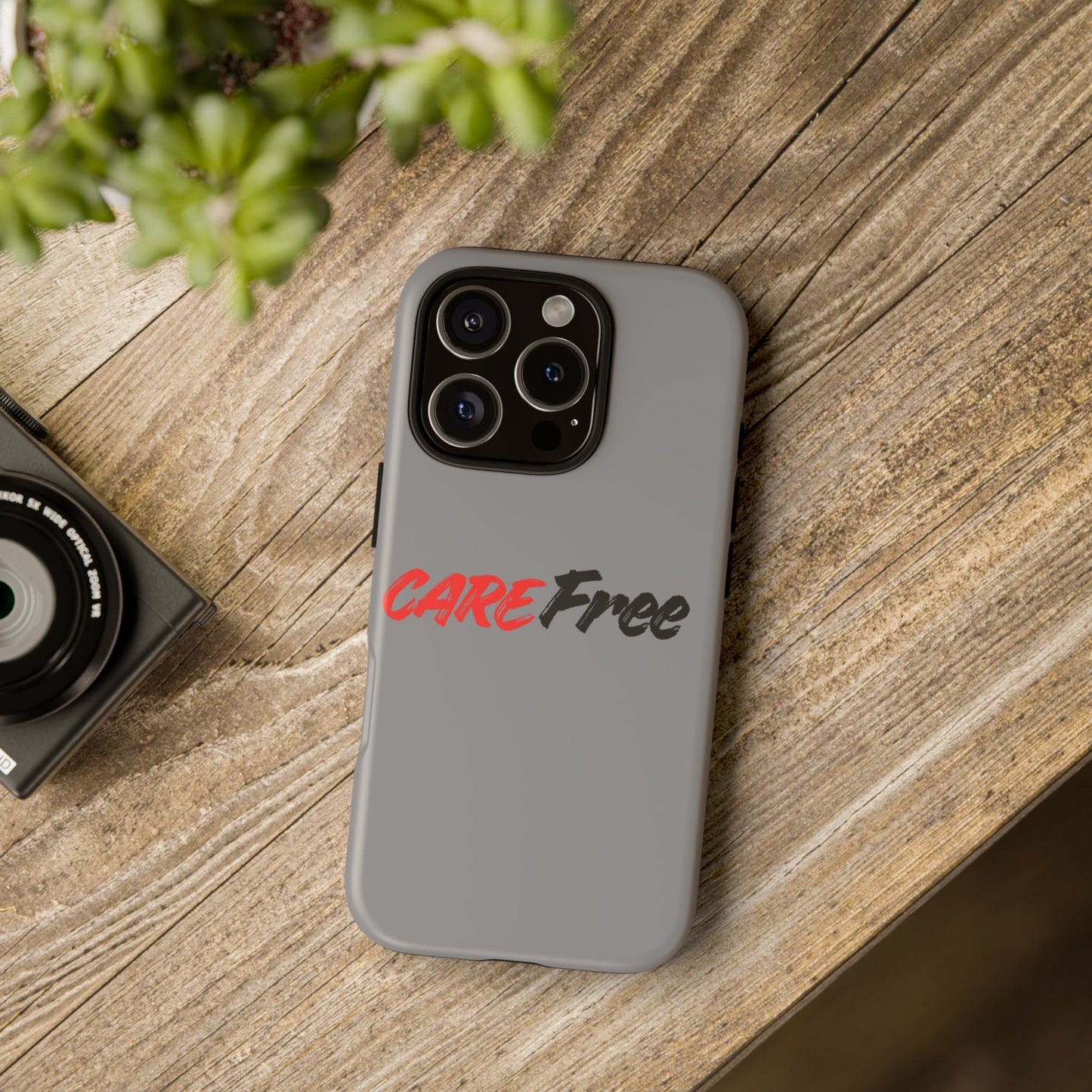 CareFree Tough Phone Case — Slim Protective iPhone Cover with Bold Red & Black Script