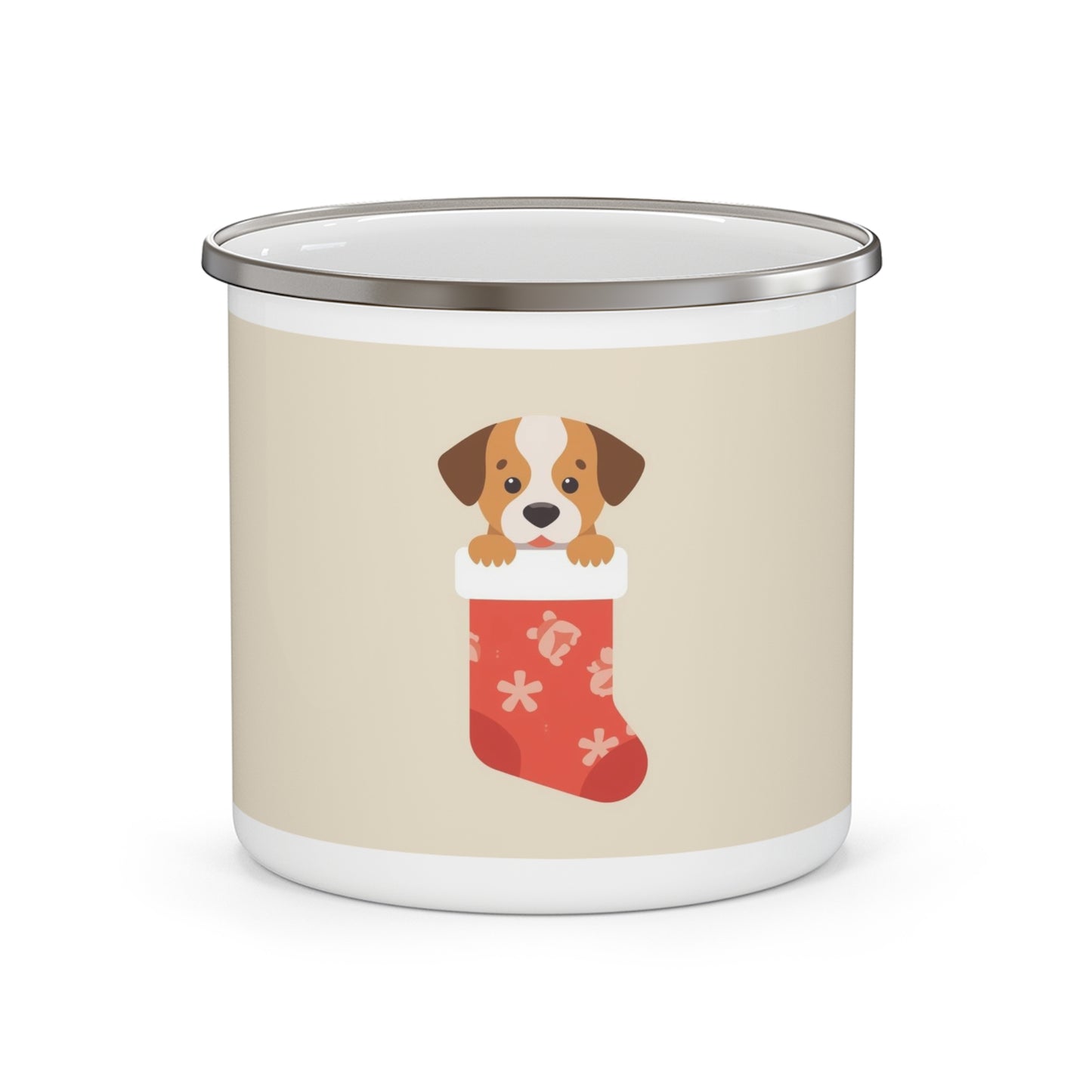 Christmas Puppy-in-Stocking Enamel Camping Mug — Cute Holiday Dog Coffee Cup