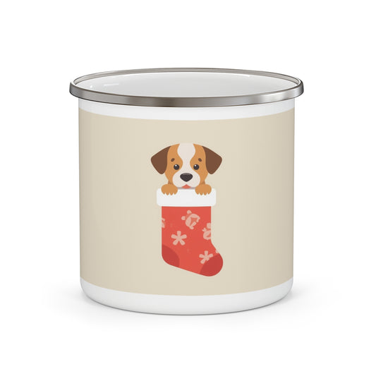 Christmas Puppy-in-Stocking Enamel Camping Mug — Cute Holiday Dog Coffee Cup