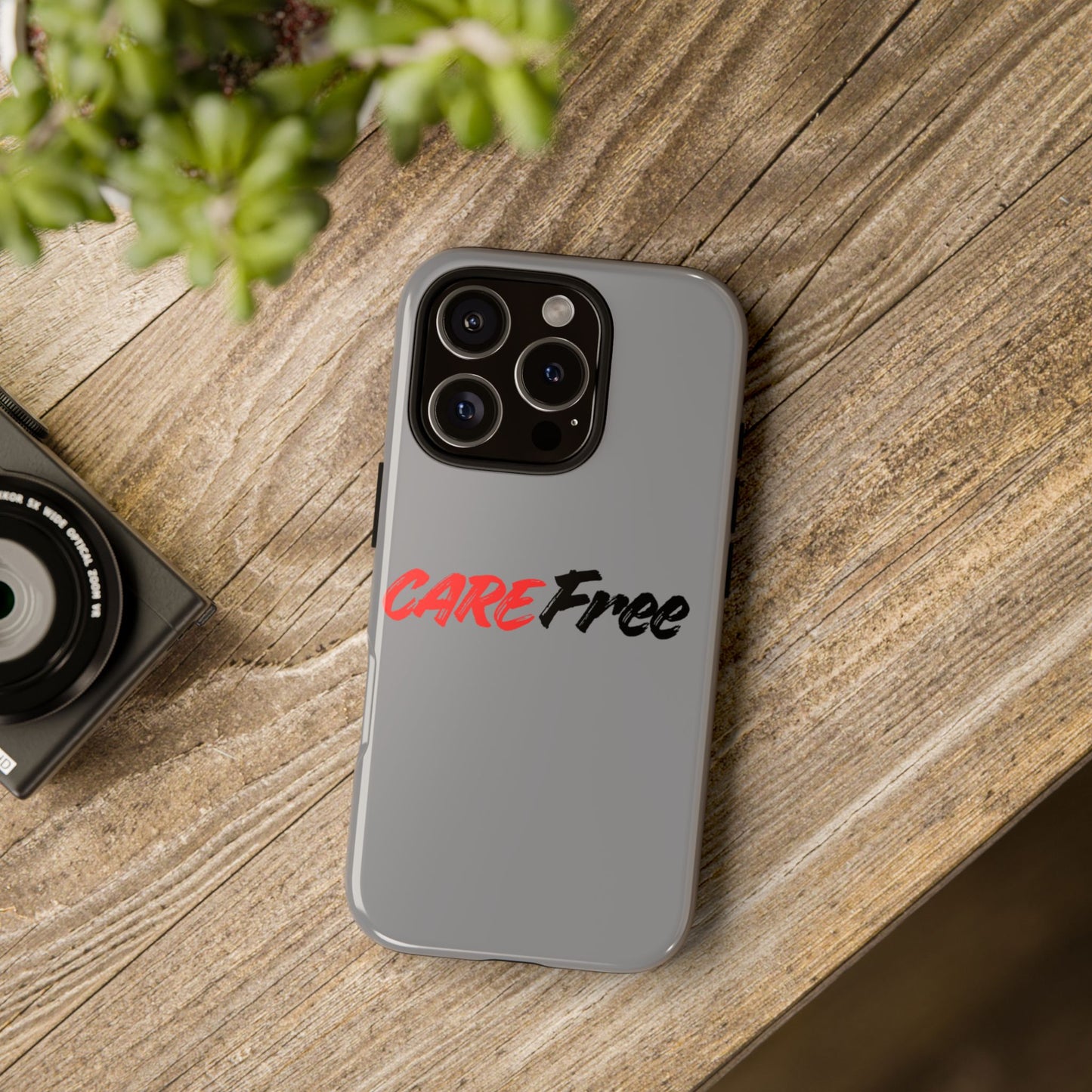 CareFree Tough Phone Case — Slim Protective iPhone Cover with Bold Red & Black Script