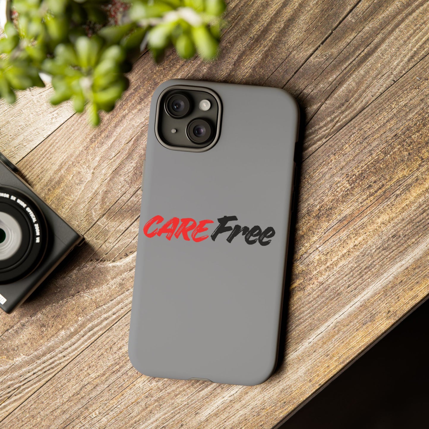 CareFree Tough Phone Case — Slim Protective iPhone Cover with Bold Red & Black Script