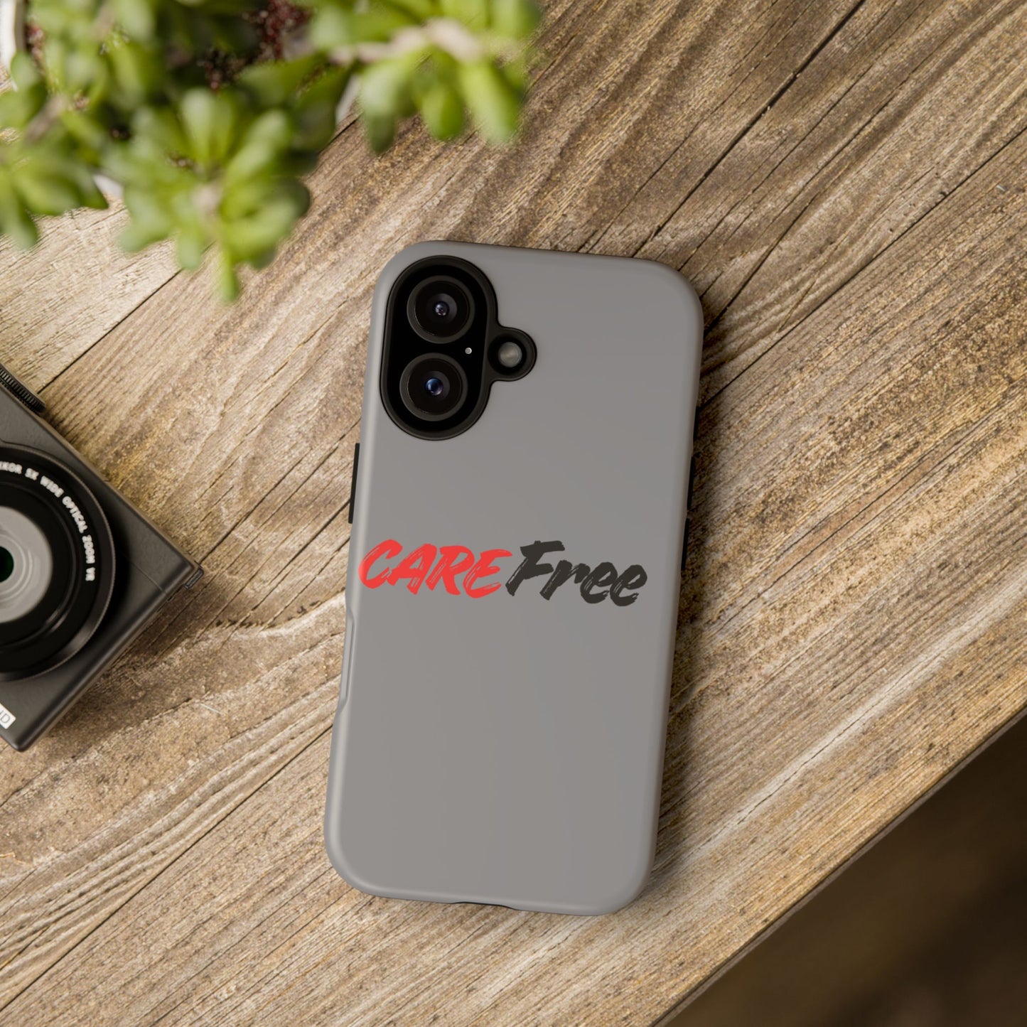 CareFree Tough Phone Case — Slim Protective iPhone Cover with Bold Red & Black Script