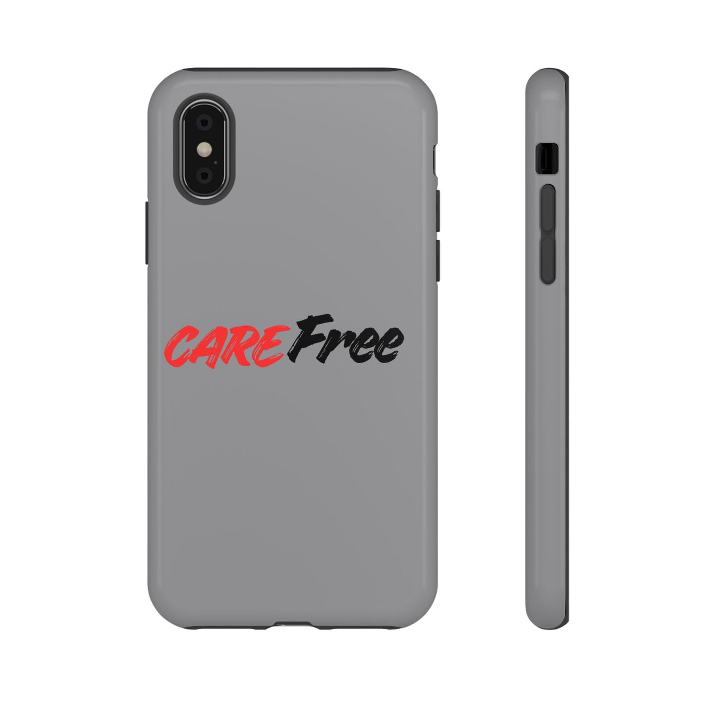 CareFree Tough Phone Case — Slim Protective iPhone Cover with Bold Red & Black Script